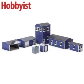 Yard buildings paper model kit blue lapboard