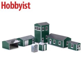 Yard buildings in green lapboard paper model kit