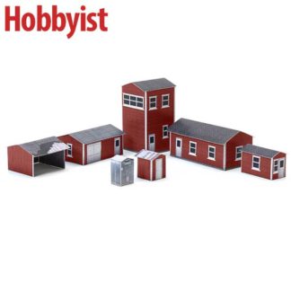 Yard buildings in red lapboard paper model kit