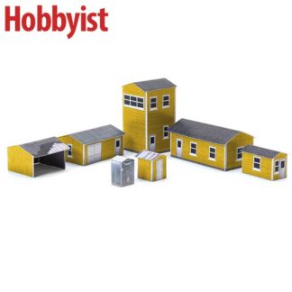 Yard buildings in yellow lapboard paper model kit